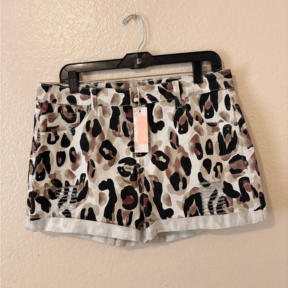 Leopard Print Denim Shorts - White with Brown & Black Spots